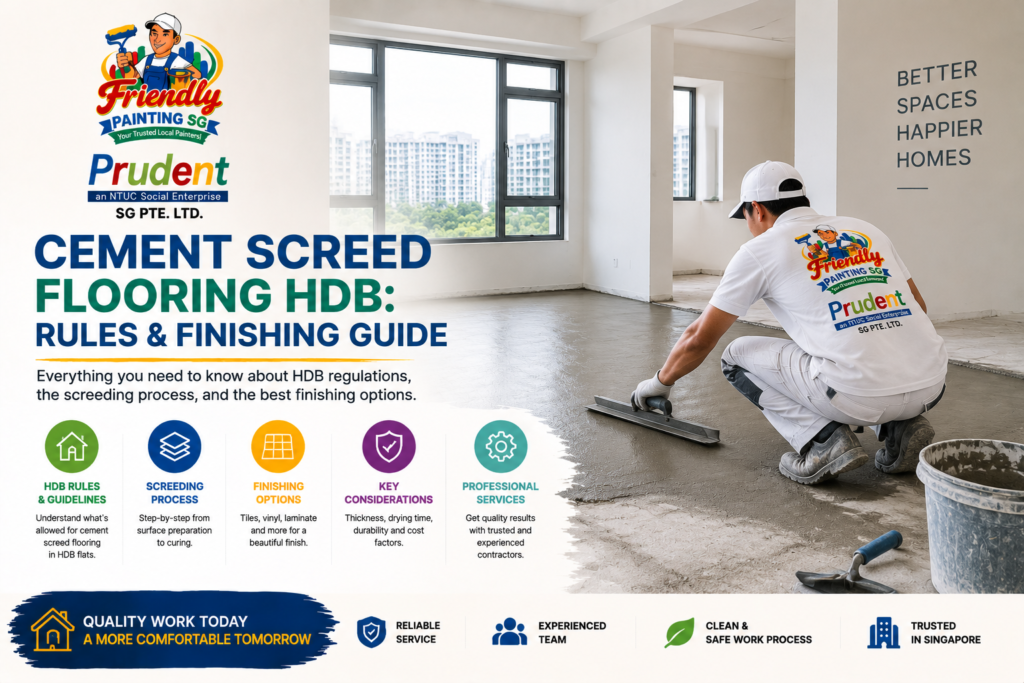 Cement screed flooring HDB guide showing a professional worker applying and smoothing cement screed in a modern Singapore HDB flat with information about HDB rules, screeding process, finishing options, and key considerations by Friendly Painting SG.