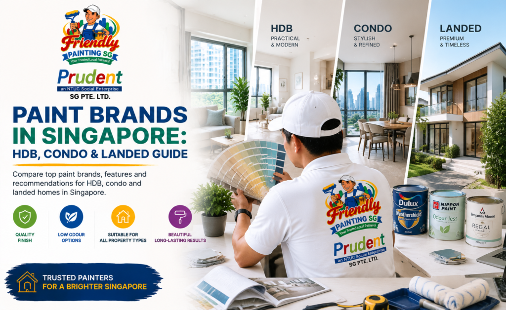 Paint brands in Singapore guide featuring HDB, condo, and landed home painting options with a professional painter comparing colour swatches and popular paint choices for quality finishes, low odour, and long-lasting results by Friendly Painting SG.