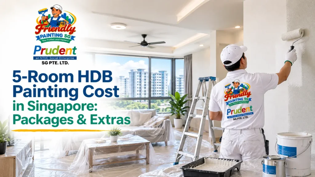 5-room HDB painting cost in Singapore showing a professional painter refreshing a spacious HDB flat with protected furniture, painting equipment, and guidance on painting packages, additional services, and cost factors by Friendly Painting SG.