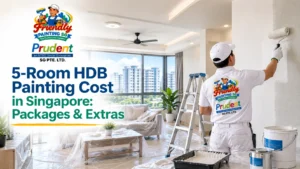5-room HDB painting cost in Singapore showing a professional painter refreshing a spacious HDB flat with protected furniture, painting equipment, and guidance on painting packages, additional services, and cost factors by Friendly Painting SG.