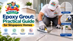 Epoxy grout application in a Singapore home showing a professional worker