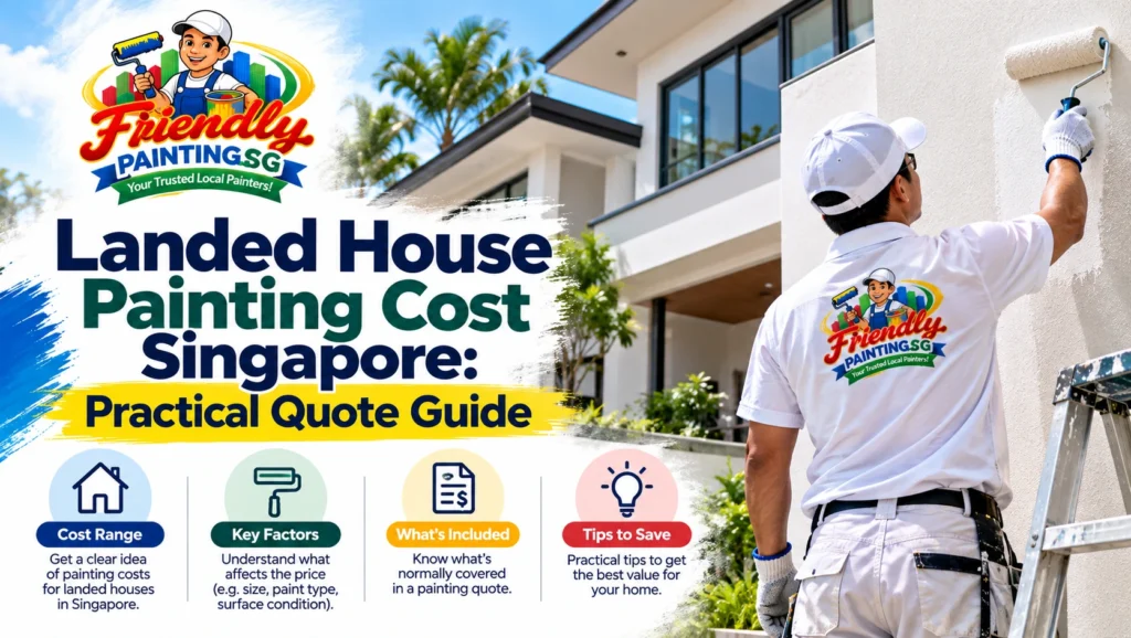 Landed house painting cost Singapore guide showing a professional painter refreshing a modern landed house exterior, with insights into painting cost factors, quotation inclusions, and budgeting by Friendly Painting SG.