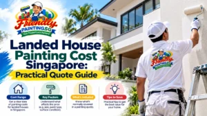 Landed house painting cost Singapore guide showing a professional painter refreshing a modern landed house exterior, with insights into painting cost factors, quotation inclusions, and budgeting by Friendly Painting SG.