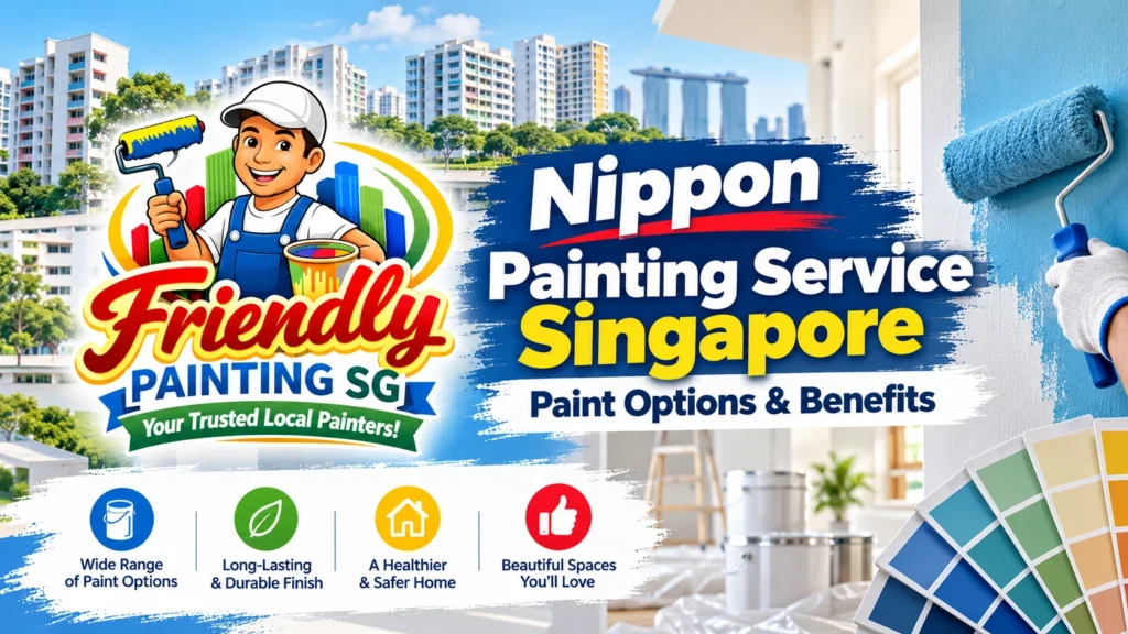 Nippon Painting Service Singapore guide featuring Friendly Painting SG, wall painting, paint colours and residential buildings.