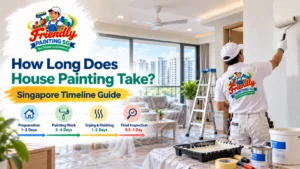 How long does house painting take in Singapore showing a professional painter working in a modern HDB flat with protected furniture, painting equipment, and a timeline guide to home painting preparation and completion by Friendly Painting SG.