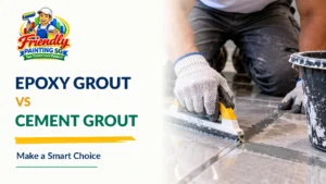 Epoxy grout vs cement grout comparison showing a worker applying grout to floor tiles in a Singapore home, highlighting durability, water resistance, maintenance, and finish differences by Friendly Painting SG.