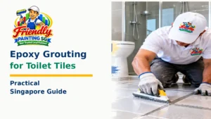 Epoxy grouting for toilet tiles in Singapore showing a professional worker applying water-resistant epoxy grout to bathroom floor tiles for a durable, clean, and long-lasting finish by Friendly Painting SG.